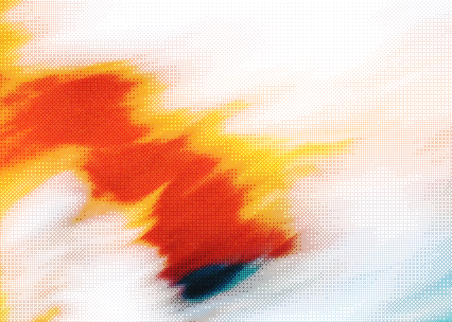 Abstract halftone artwork in red, orange and yellow fading into teal.
